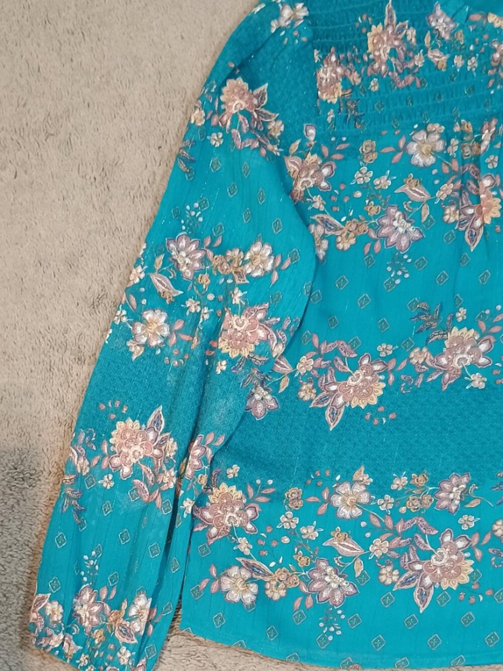 S C Society/Blouse Top/Women Large Teal Floral Sheer Chiffon Boho Romantic Style - Picture 6 of 10